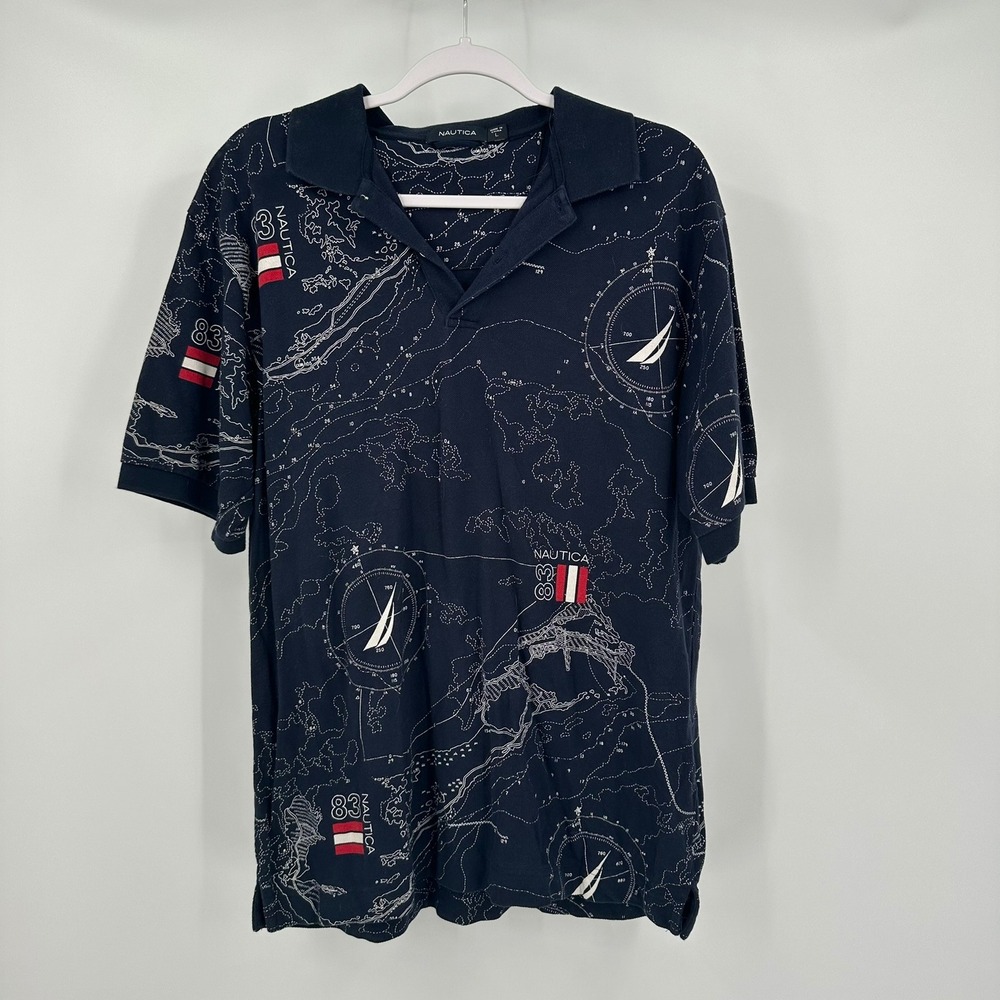 Nautica Mens Nautical Map Compass Print Polo Shirt Size L Yacht Club Coastal
